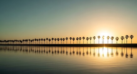 Fototapeta premium Serene tropical sunset over calm waters with palm tree silhouettes