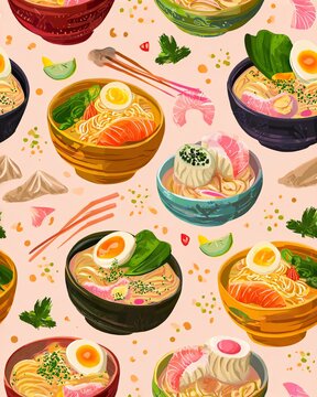 Seamless Pattern Colorful patterned bowls of delicious ramen