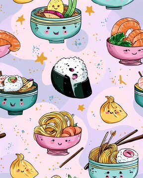 Seamless Pattern Cute cartoon food pattern with smiling dishes.