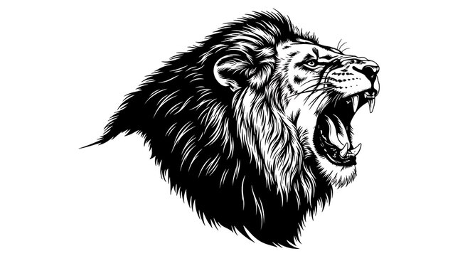 Fierce black and white vector illustration of a roaring lion head showcasing its majestic mane and bared teeth
