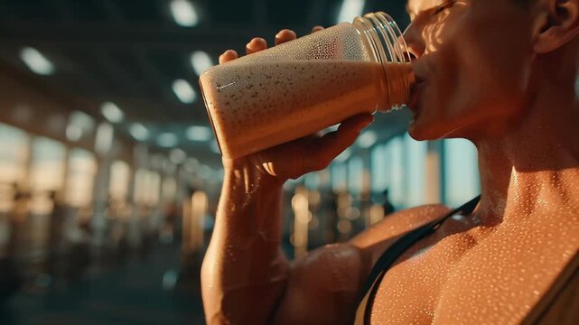 Sweaty, athletic person drinking nutritional supplement from shaker bottle after workout. Post training recovery in fitness club