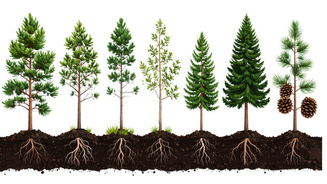 Pine Tree Growth Stages Evolution from Seedling to Mature Fir with Cones in Soil Isolated on White Background Forestry and Nature Cycle Vector Illustration