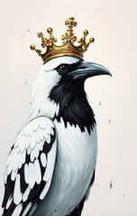 Fototapeta premium Artistic depiction of a crowned white crow with expressive texture. Vibrant colors and whimsical atmosphere.