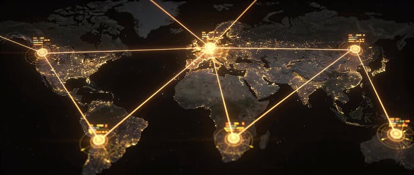 Global financial network connection with illuminated city points and data exchange lines showing worldwide communication and economic interaction digital map visualization night for financial