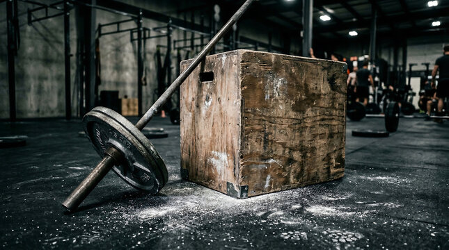 Unbranded wooden box and heavy barbell on gritty gym floor