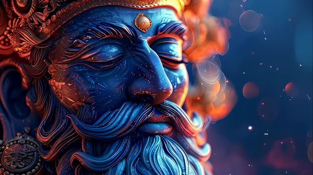 Close up portrait of blue Indian god Shiva face with traditional jewelry. Divine deity with closed eyes and beard. Spiritual meditation, Hindu mythology concept.