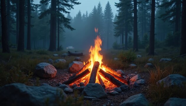 Warm campfire burns bright in misty forest at dusk. Logs blaze on rocks surrounded by trees. Peaceful woods glow with orange light. Outdoor nature scene.