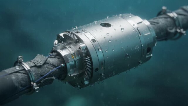 Focused view of an advanced fiber monitoring sensor on an underwater cable segment highlighting intricate details while the sea environment remains out of focus.