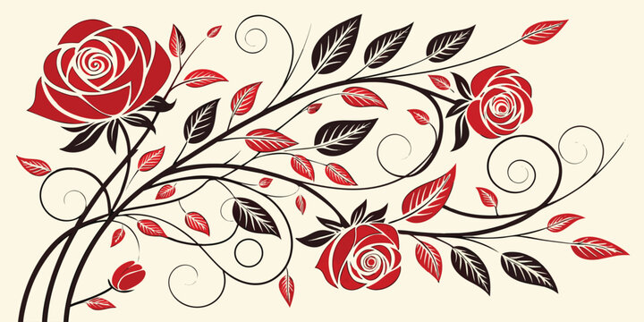 A stylized floral illustration featuring multiple vibrant red roses and intricate, dark red and black swirling vines with accompanying leaves, against a cream-colored backdrop. The roses, in various s