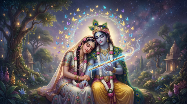 Radha Krishna illustration peaceful forest moment with butterflies and flute expressing calm love and magical divine atmosphere background wallpaper