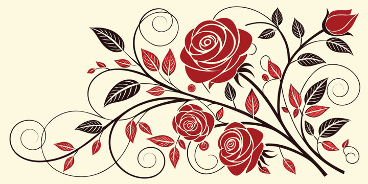 A stylized floral illustration featuring multiple vibrant red roses and intricate, dark red and black swirling vines with accompanying leaves, against a cream-colored backdrop. The roses, in various s