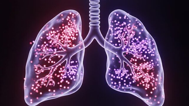 Animated 3D Lungs with Glowing Particles Representing Respiration and Gas Exchange