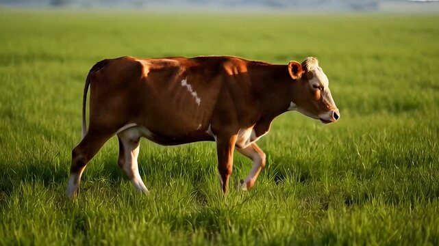 Brown cow walking in green grassy field with sunlight outdoor scene