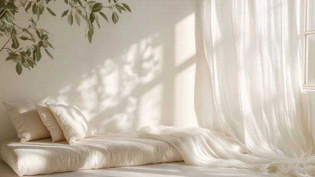 A serene bedroom with gentle fabrics bathed in morning glow. Cozy comfort and minimal aesthetic appeal.