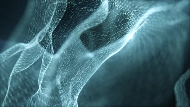Soft glowing digital mesh forming smooth flowing shapes with particles and lines on a dark background, creating a futuristic abstract technology scene.