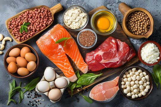 Various protein sources are arranged on a stone surface with natural lighting