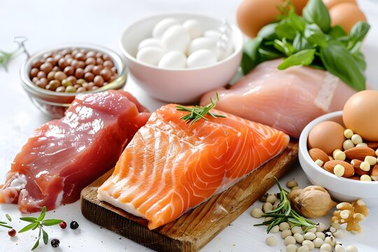 Assortment of raw protein sources including fish, meat, eggs, nuts, and legumes on a clean surface