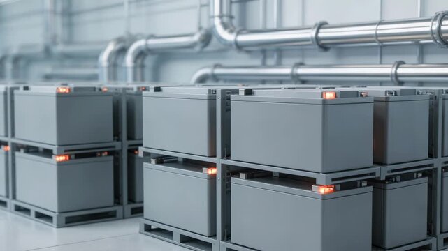 Medium shot capturing efficient battery storage units inside a lowcarbon ISP facility with cooling pipes softly out of focus behind.