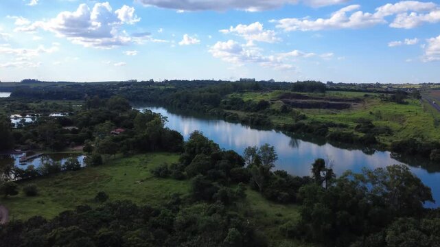 Aerial Drone View of Paranapanema River Border Between S&atilde;o Paulo and Paran&aacute; in Ourinhos Brazil 4K