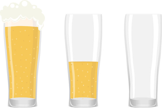 Vector beer glass set with full half and empty stages featuring foam and bubbles concept.