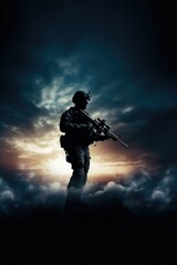 Naklejka premium A powerful image of a soldier standing tall with a rifle in hand, surrounded by clouds. This picture can be used to depict strength, determination, and a sense of being on top of the world