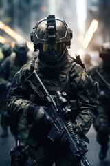Naklejka premium A soldier is seen walking down a street, carrying a gun and wearing a helmet. This image can be used to depict military or security themes