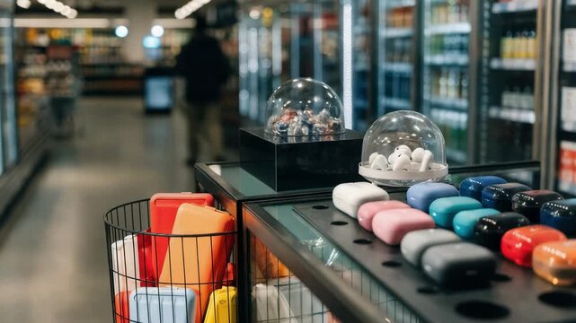 Retail wireless booth setup in a convenience store aisle emphasizing a wellorganized display of mobile chargers and earbuds while a customer and store environment remain out of