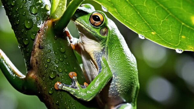 Green frog on a wet branch.