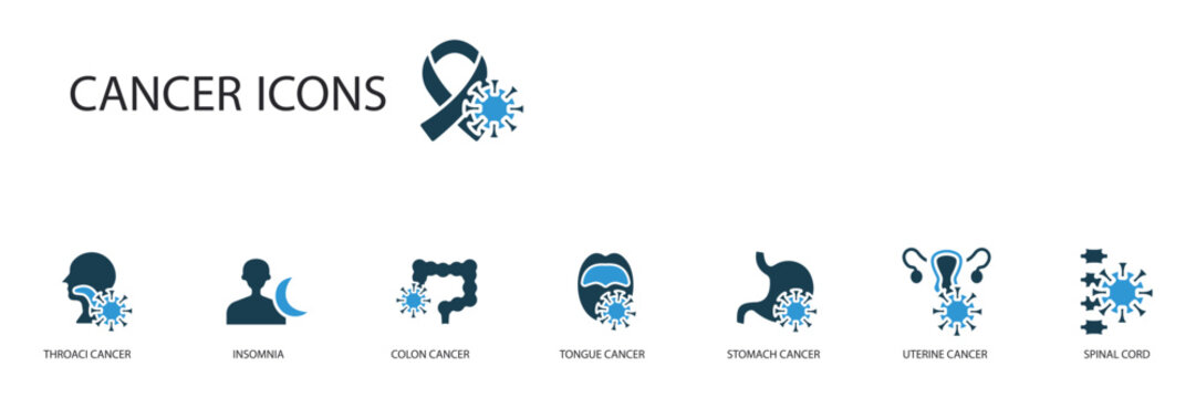 cancer icons set outline and Flat Style,transparent background