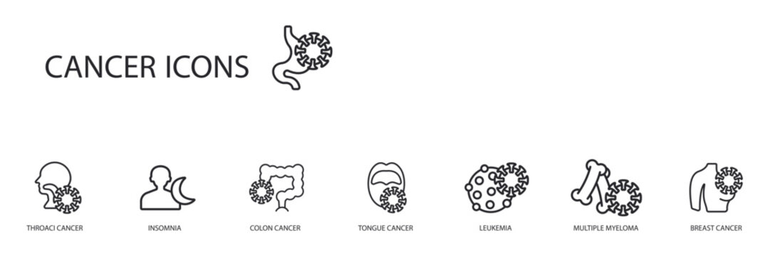 cancer icons set outline and Flat Style,transparent background