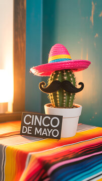 Cactus in sombrero and mustache on cinco de mayo celebration table