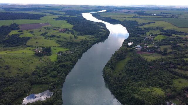 Aerial Drone View of Paranapanema River Border Between S&atilde;o Paulo and Paran&aacute; in Ourinhos Brazil 4K