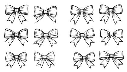 Fototapeta premium A collection of twelve hand drawn black and white decorative ribbon bows for festive gift wrapping Vector