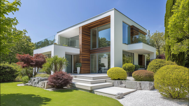 Modern Architectural Haven: This image unveils a luxurious contemporary residence, showcasing innovative design, expansive glass windows, and a beautifully landscaped garden.