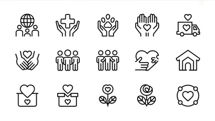 Fototapeta premium A collection of fifteen black and white line art icons representing charity and social welfare Vector