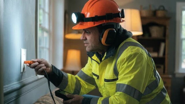 Worker focused on testing signal quality at a wall outlet in a home den meter display glowing in sharp focus with soft surroundings.