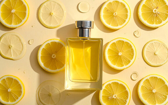 rodajas de lim&oacute;n con un envase de perfume importado sobre ellas. Estilo publicitario. Luz de estudio. Vista superior