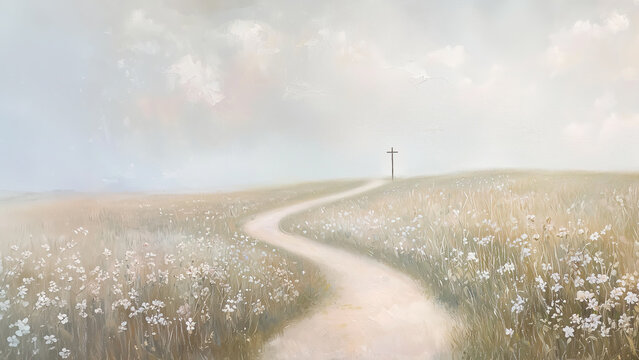 Narrow path leading to cross Christian faith landscape painting inspired art.