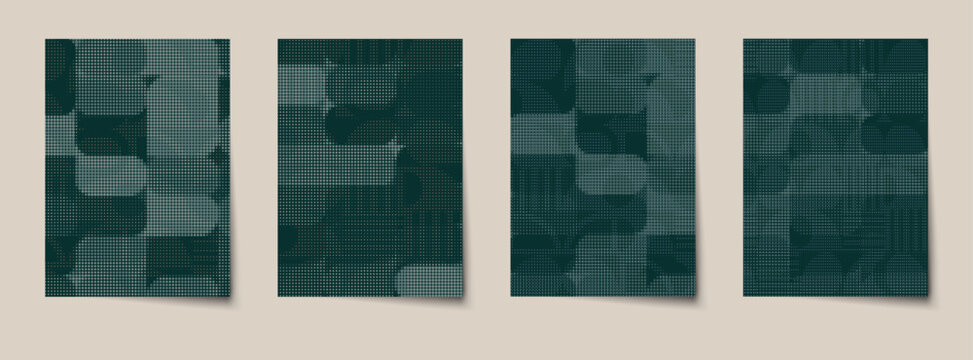 Vector set. Illustration graphic art design, composition with geometric shape, circle, square, dot screen, halftone pattern and vintage color. Abstract pattern background.