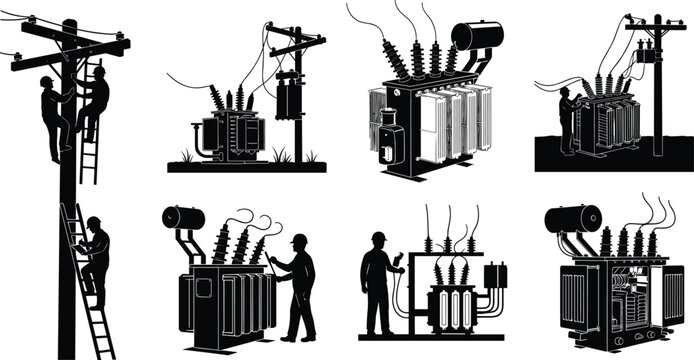 Detailed black and white silhouette collection of electrical utility workers and high voltage transformers maintaining power grid infrastructure isolated on a clean white background.