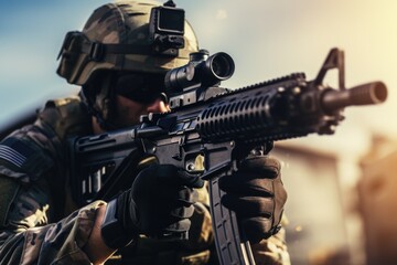 Naklejka premium A powerful image of a soldier holding a gun. Perfect for military and warfare concepts