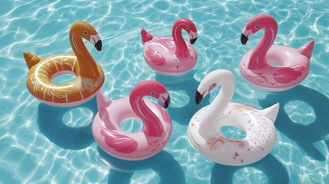 Flamingo Floats in the Pool:  A vibrant cluster of flamingo-shaped floats bobs gently atop the clear, refreshing water of a pool, promising a day of carefree enjoyment.