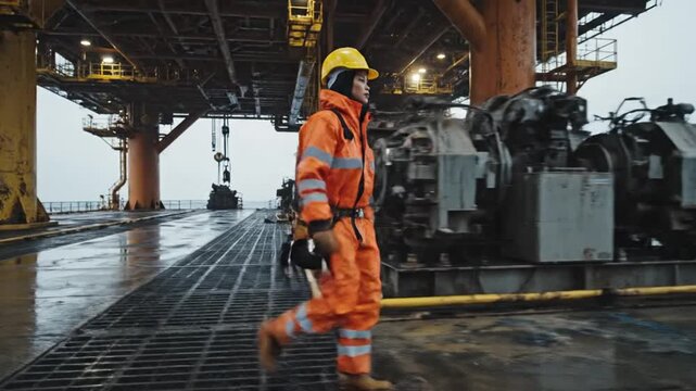Worker in orange suit walks on oil rig platform in the rain.