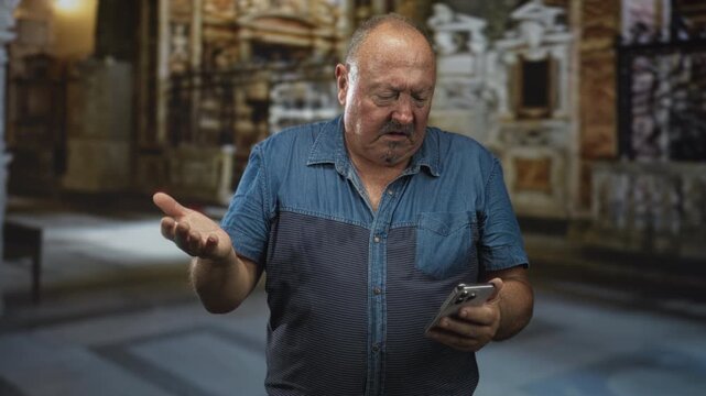 Senior hispanic man holding smartphone, palm up shrug gesture while checking screen and frowning inside ornate building interior with marble floor and carved walls; frustration solitude.