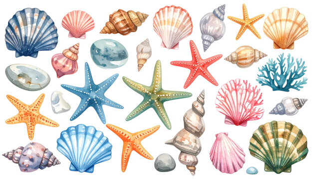 Sea Shells Starfish Coral and Smooth Stones Collection Isolated on White Background Marine Life Elements for Summer Beach Theme Design Vector Illustration