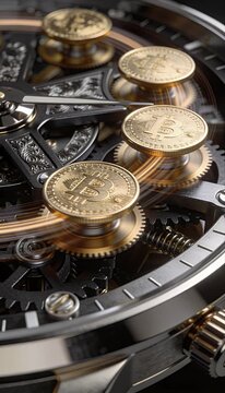 Cryptocurrency financial concept featuring gold coin and mechanical gear symbolizing digital technology, investment innovation, and dynamic growth in futuristic financial market environment