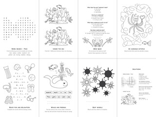 Naklejka premium Set of seven games on the theme of the sea. Game and coloring page for kids. English language. Vector illustration. Set No. 4.