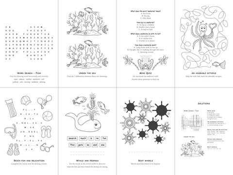 Set of seven games on the theme of the sea. Game and coloring page for kids. English language. Vector illustration. Set No. 4.