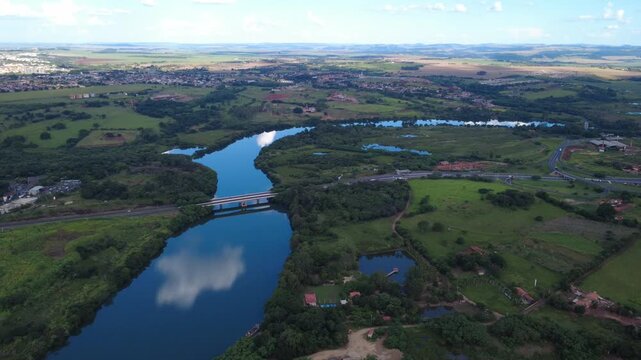 Aerial Drone View of Paranapanema River Border Between S&atilde;o Paulo and Paran&aacute; in Ourinhos Brazil 4K