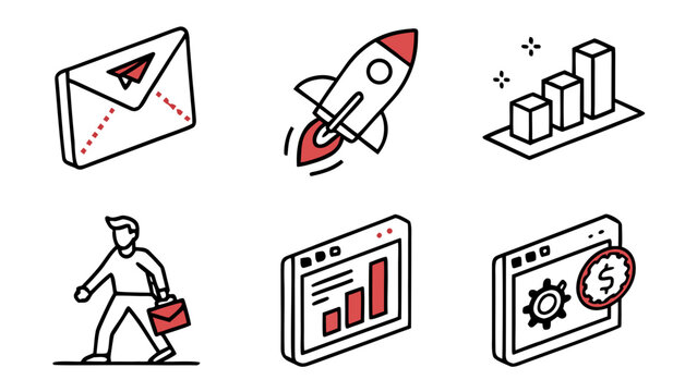 Business startup icon set featuring rocket ship launching and financial growth charts. Red and black isometric vector symbols for project management